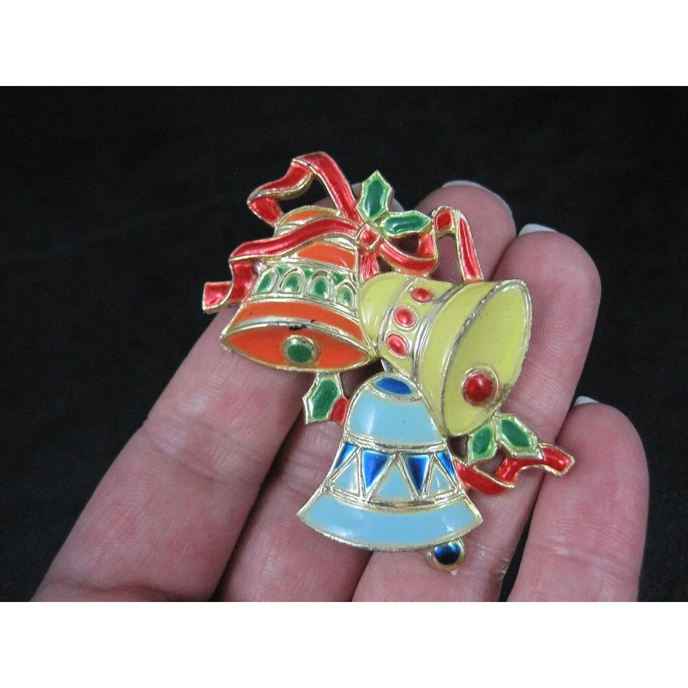 Vintage Christmas Bell Brooches Lot of 2 Hong Kong